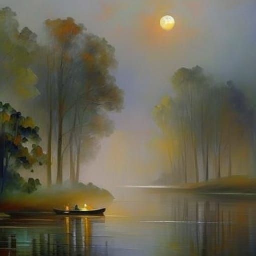 Eerie Moonlit Landscape with Water Reflections