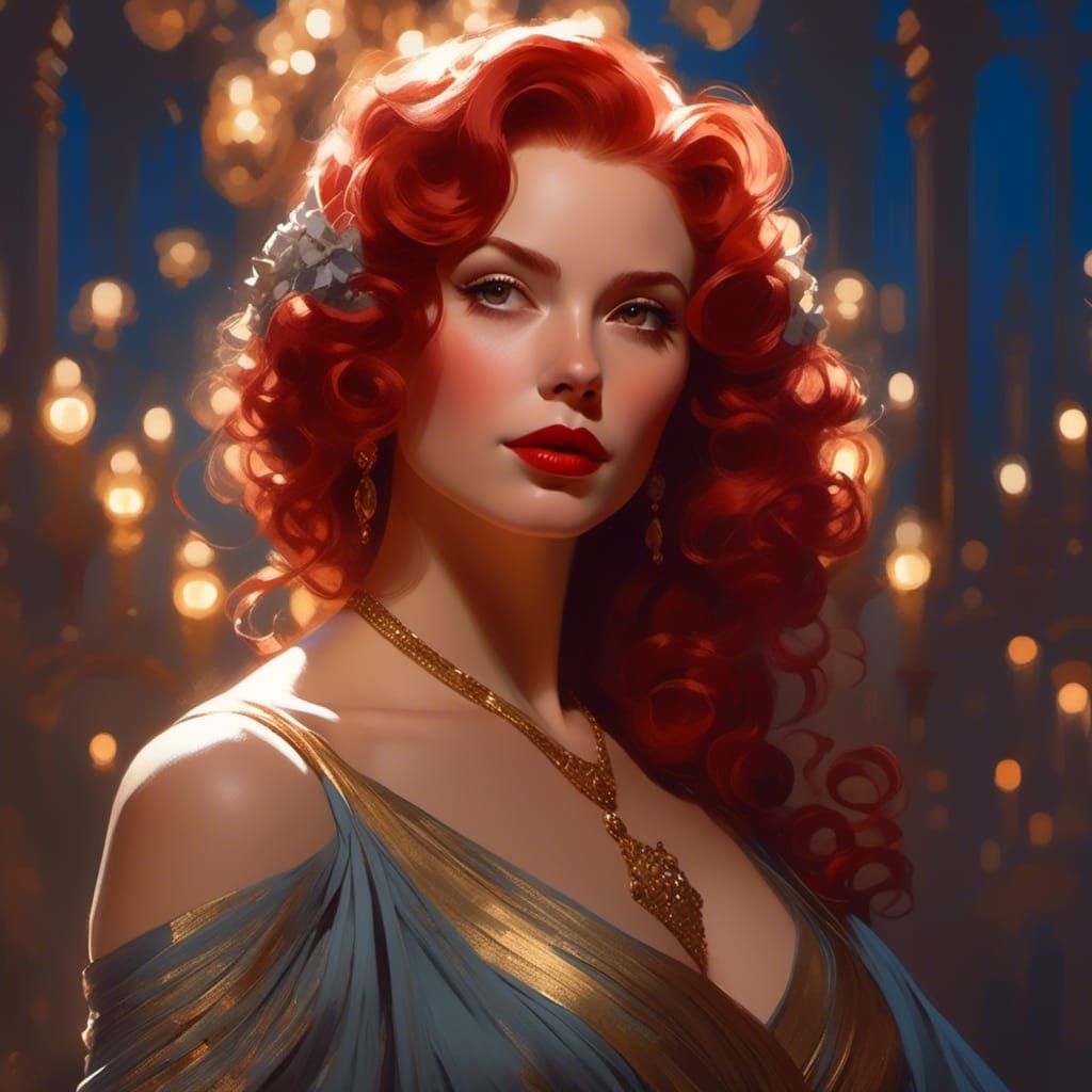 1940s Noir Redhead Portrait in Art Nouveau Style