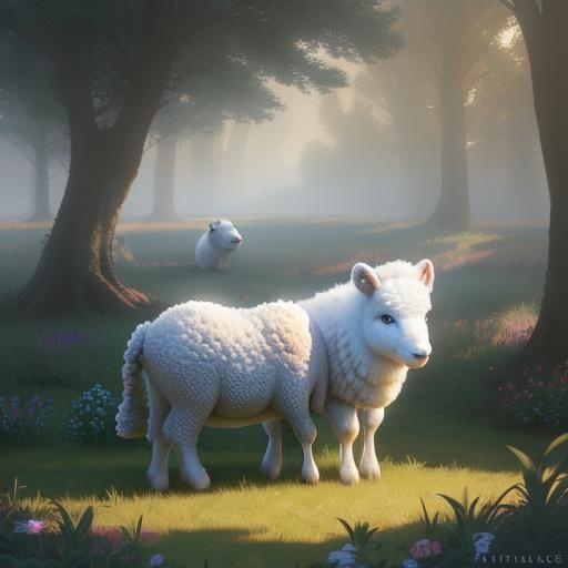 Cute Baby Sheep and Wolf Hug: Hyperrealistic Digital Art