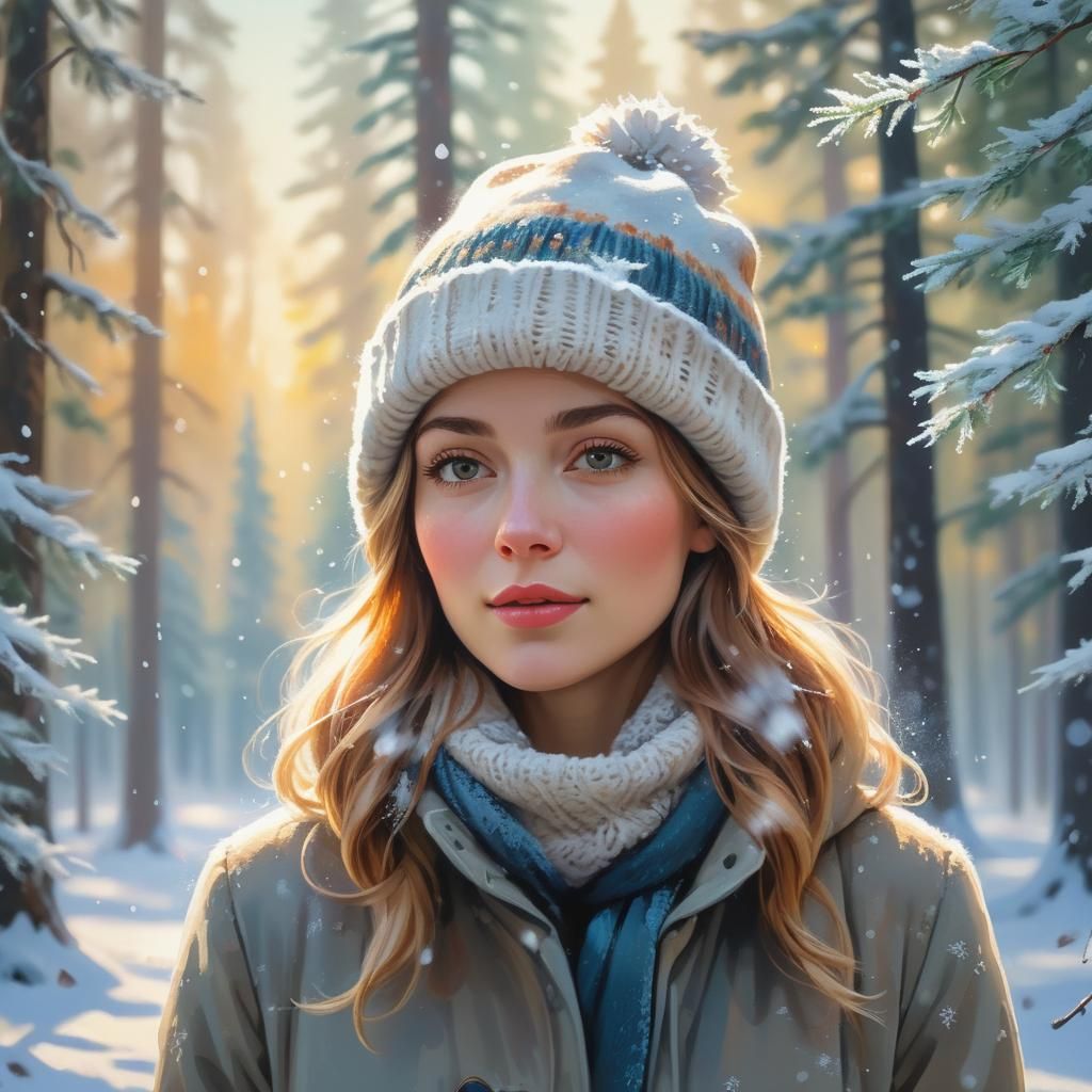 Serene Woman in Winter Forest, Impressionistic Painting