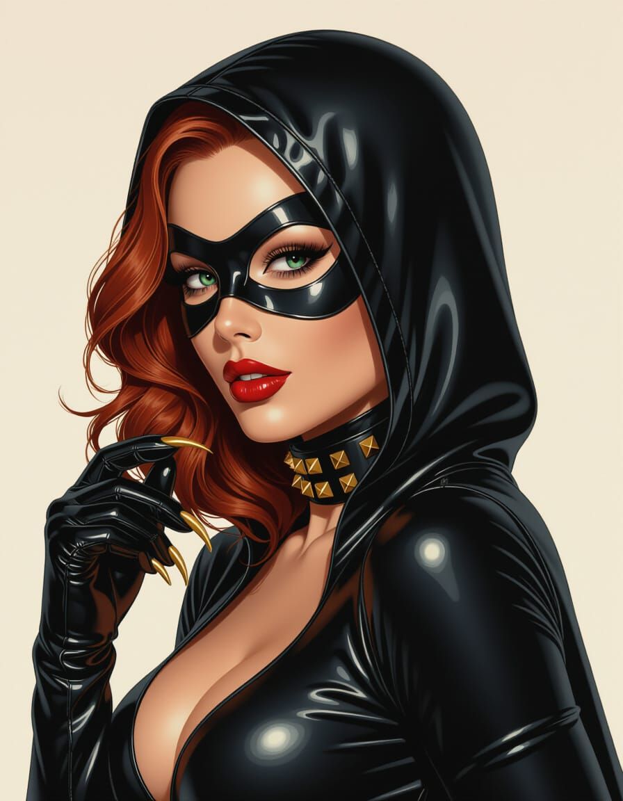 Cat Woman in Black Latex with Golden Claws