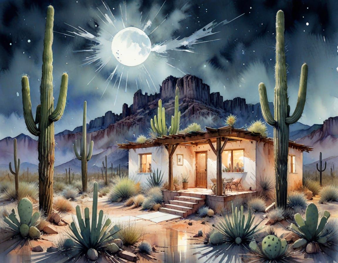 Moonlit Desert Adobe House Watercolor Illustration