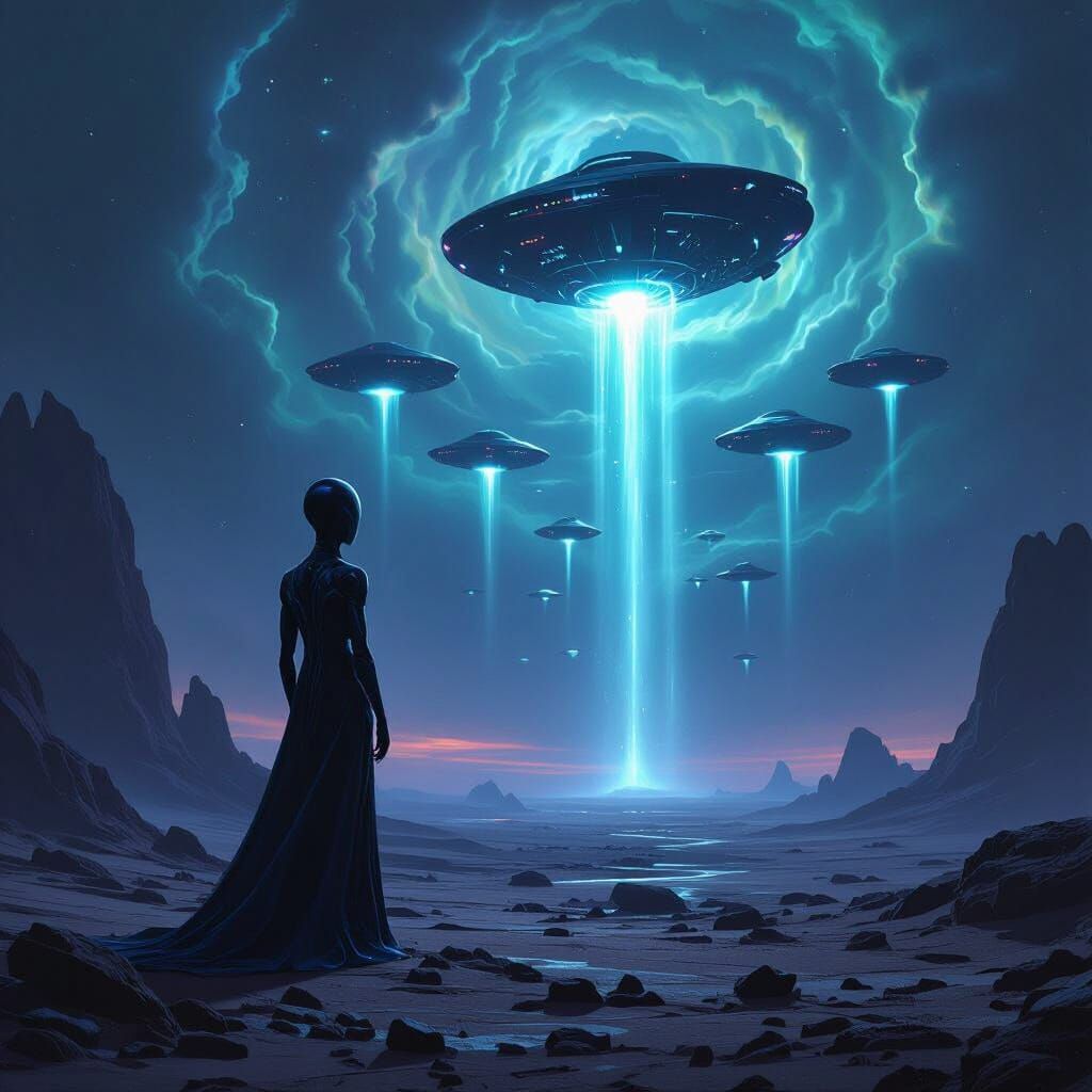 Alien Watches Spaceship Fleet Arrive on Rocky Planet