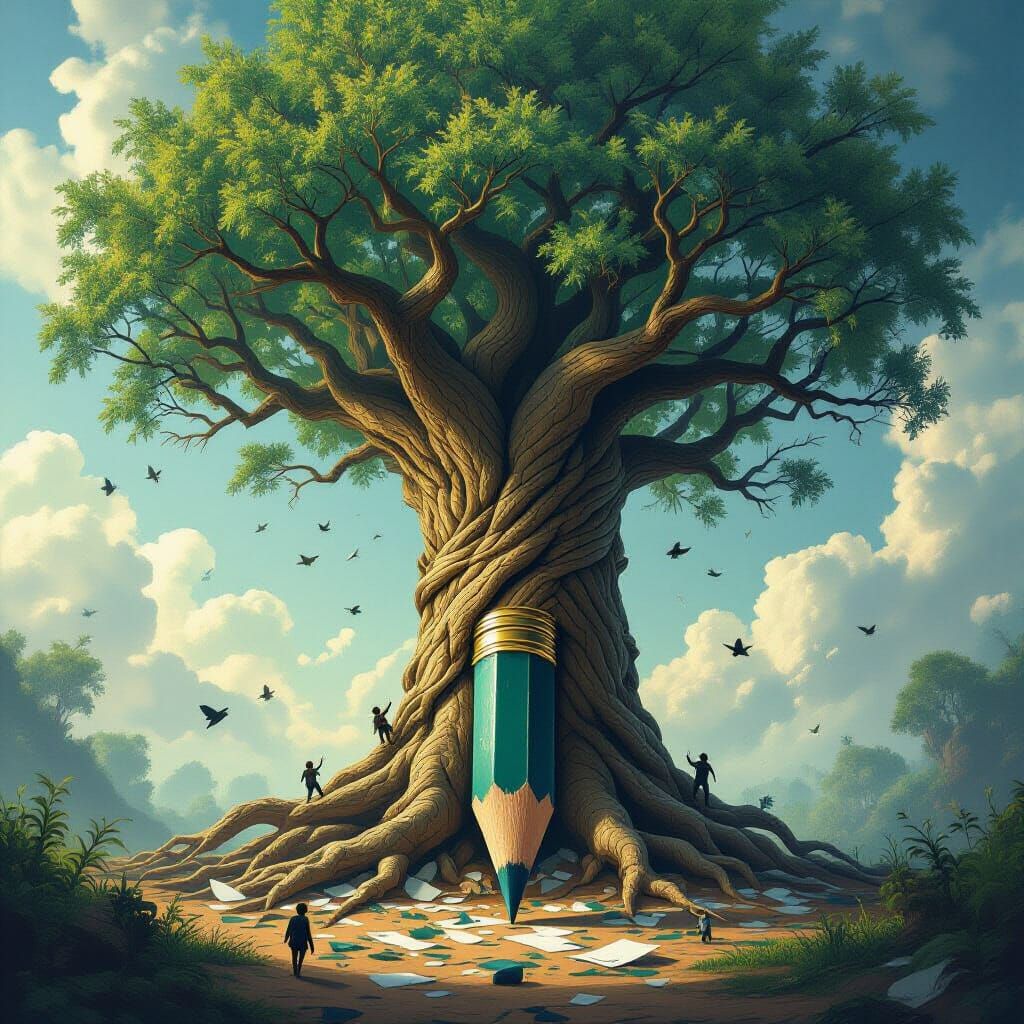 Ancient Tree Sprouts From Pencil in Dark Fantasy Concept Art