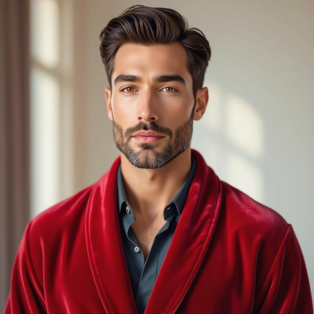 Handsome Man in Red Velvet Bathrobe Masterpiece Portrait