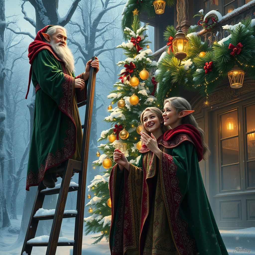 Elves Decorating House for Christmas in Winter Wonderland