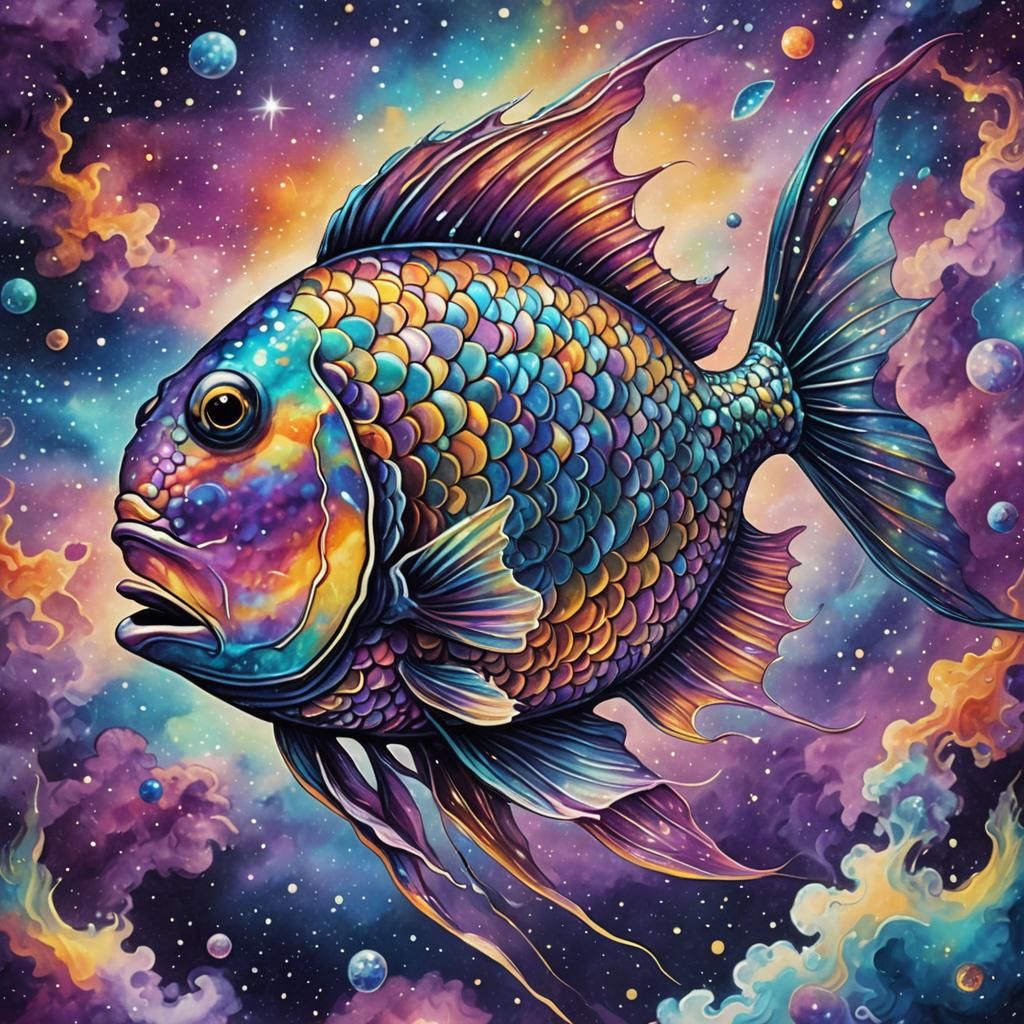 Rainbow Fish Swimming in Cosmic Nebula