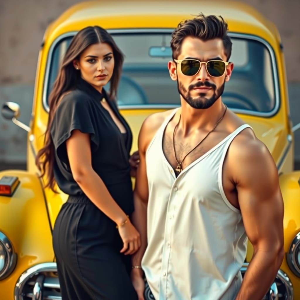 Vintage Car Scene with Stylish Couple
