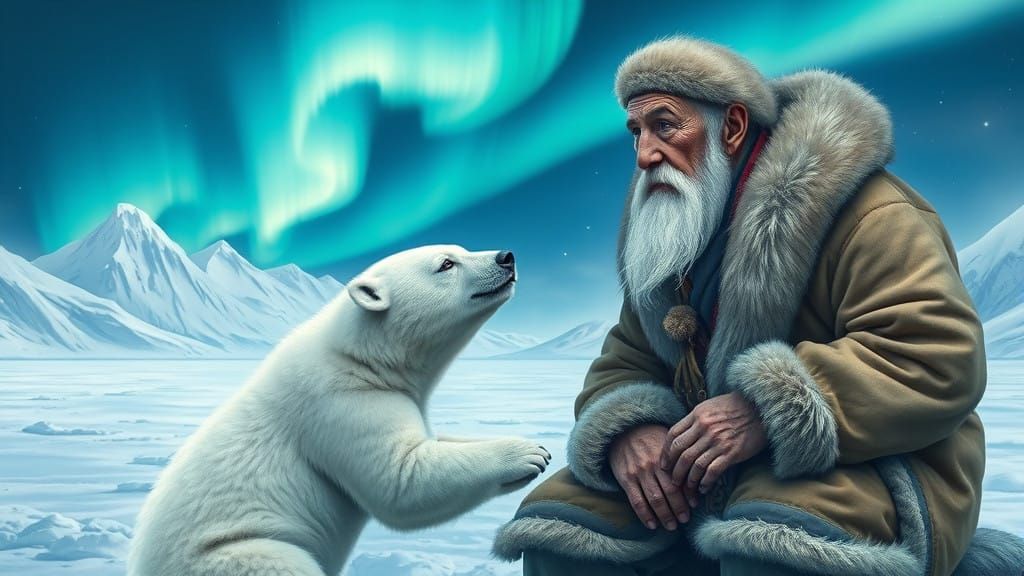 Weathered Inuit Elder Meets Playful Polar Bear in Frosty Tun...