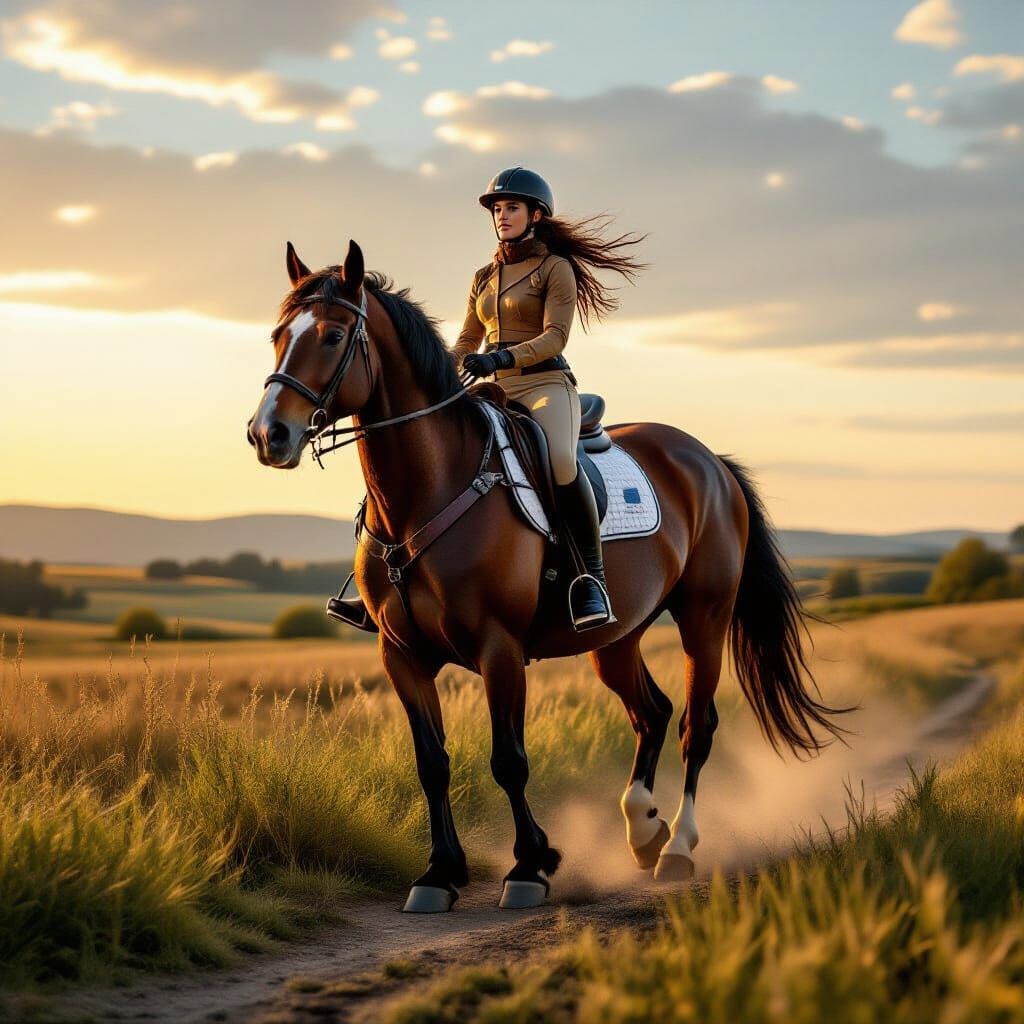 Hyperrealistic Woman Rides Shire Horse at Sunset
