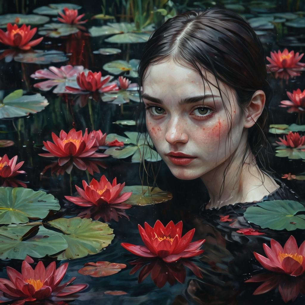 Eerie Romanticism: Girl in River with Water Lilies