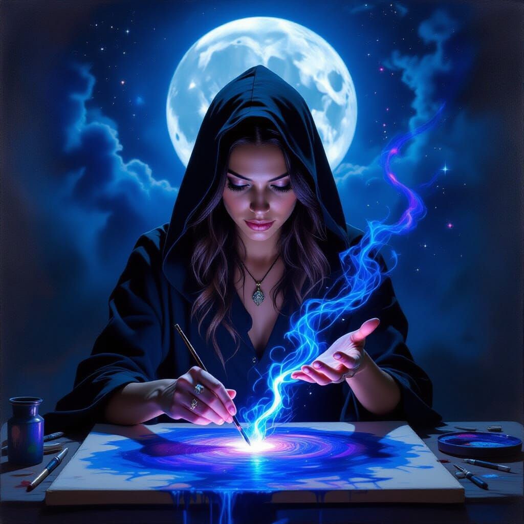 Painter Witch Conjures Galaxy in Dramatic Oil Painting