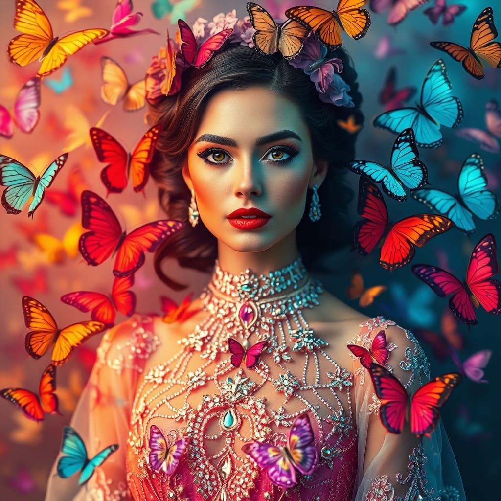 Dreamlike Women in Rainbow-Hued Crystal Dress with Whimsical...