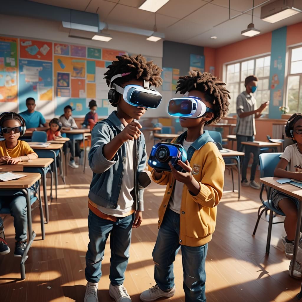Kid Shows VR Glasses: Hyperrealistic Classroom Scene