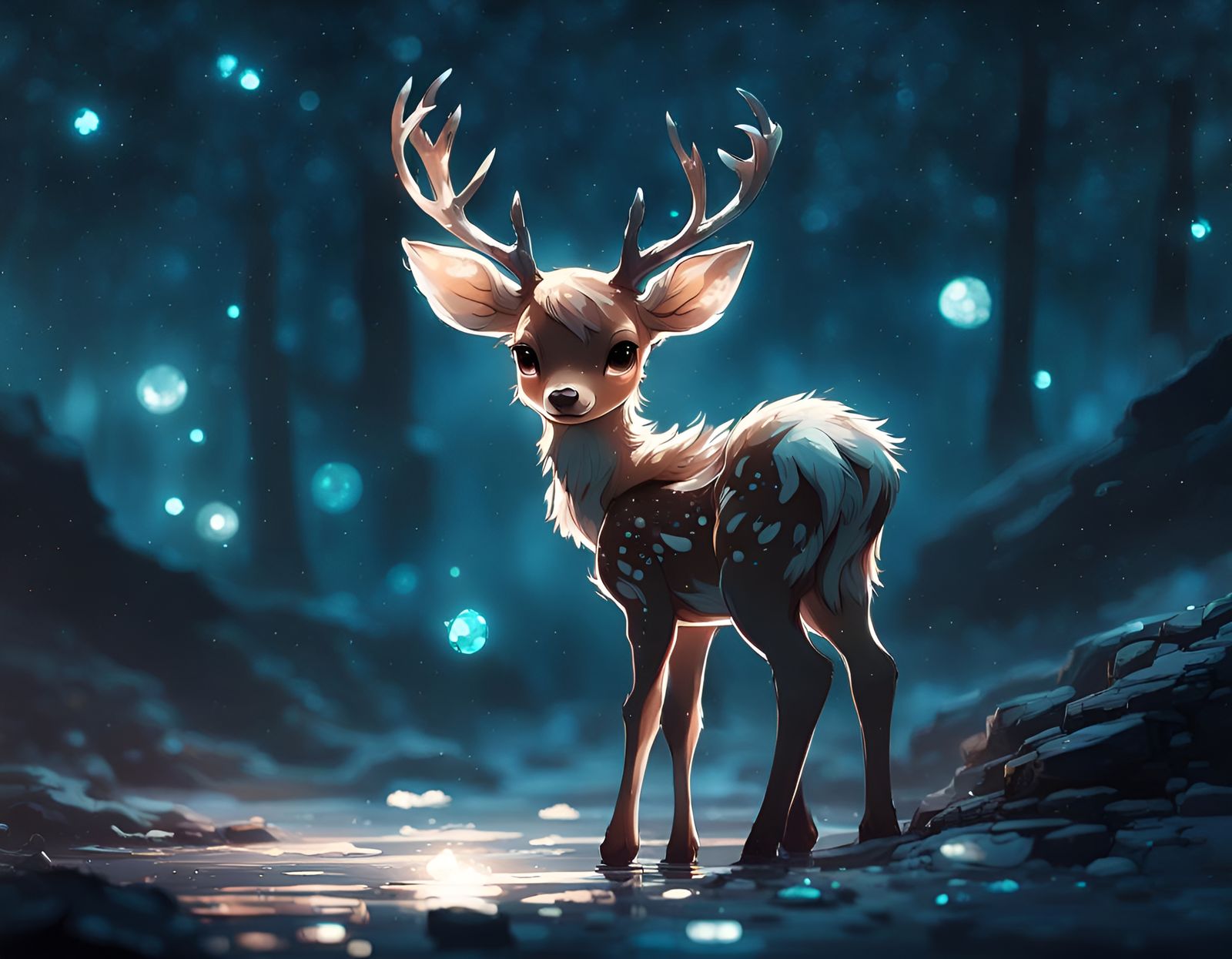 Adorable Chibi Deer in Bioluminescent Starry Night