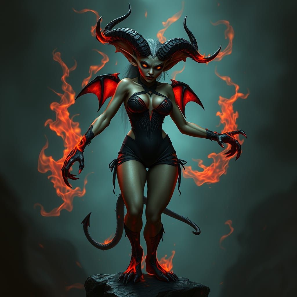 Demonic Goblin in Hellfire Swimsuit: Dark Fantasy Art