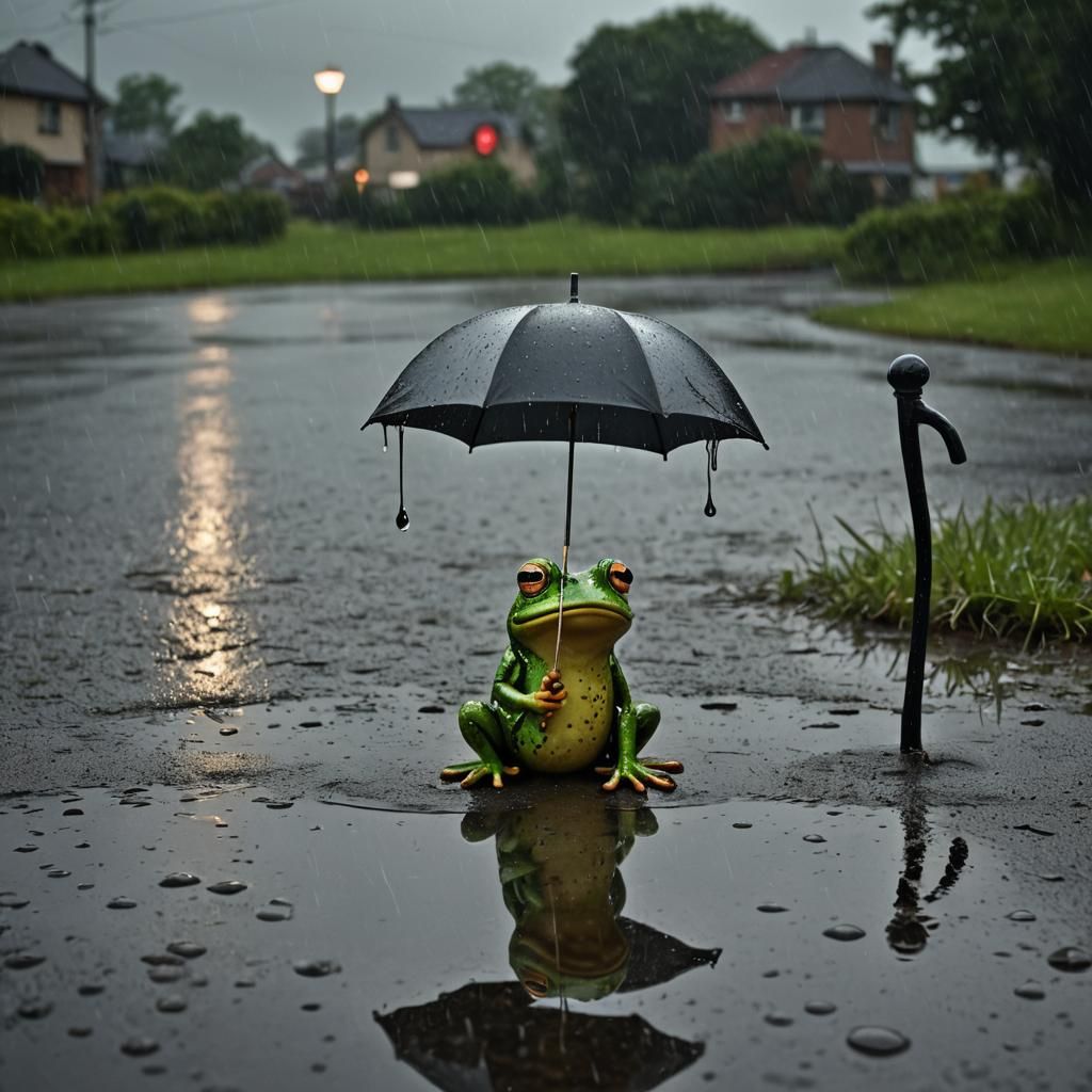 Surreal Frog in Rainy Landscape, Macro Photography