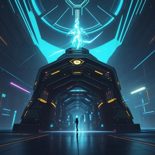 Futuristic Figure at Glowing Portal in Cyberpunk Style