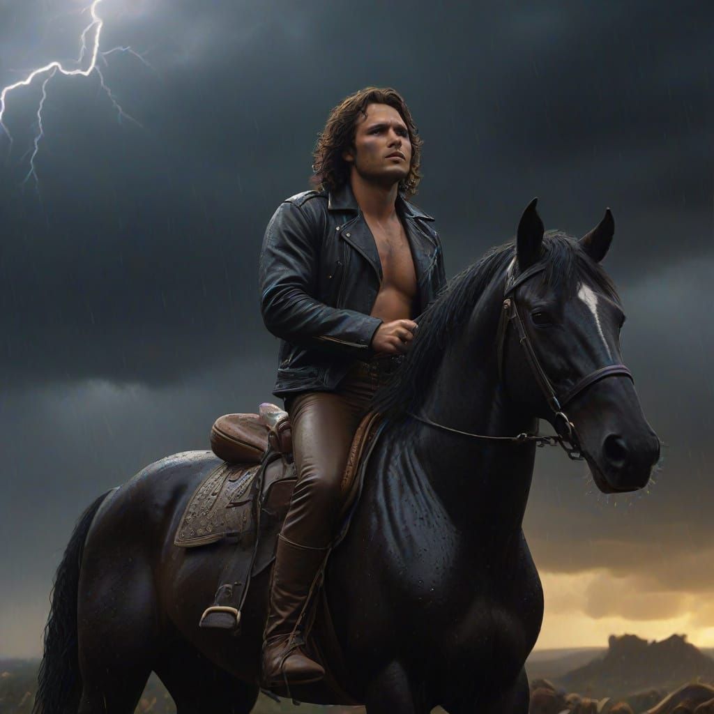 Singer on Black Stallion in Storm as Oil Painting