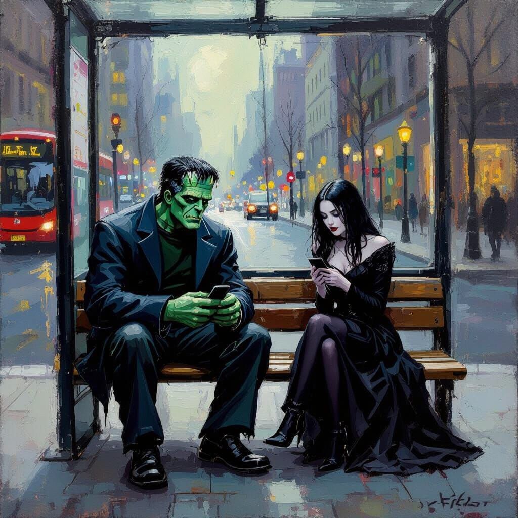 Frankenstein and Goth Woman at Bus Stop: Impressionistic Oil...