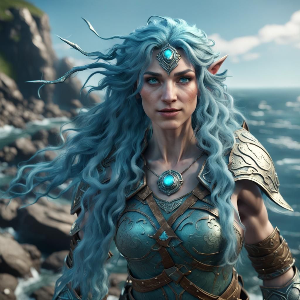 Smiling Water Genasi Druid on Rocky Shore