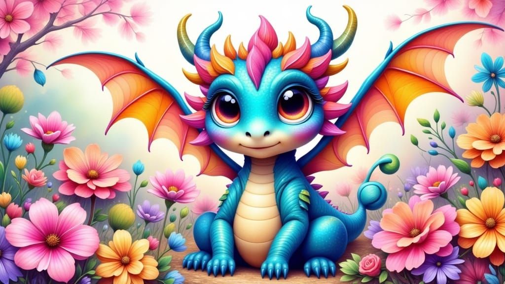 Surreal Cute Dragon in Vibrant Floral Paradise