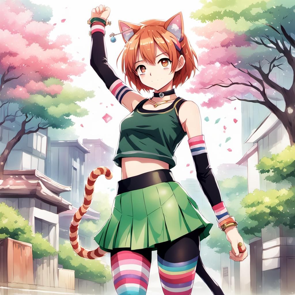 Anime Style Neko Woman with Rainbow Leggings