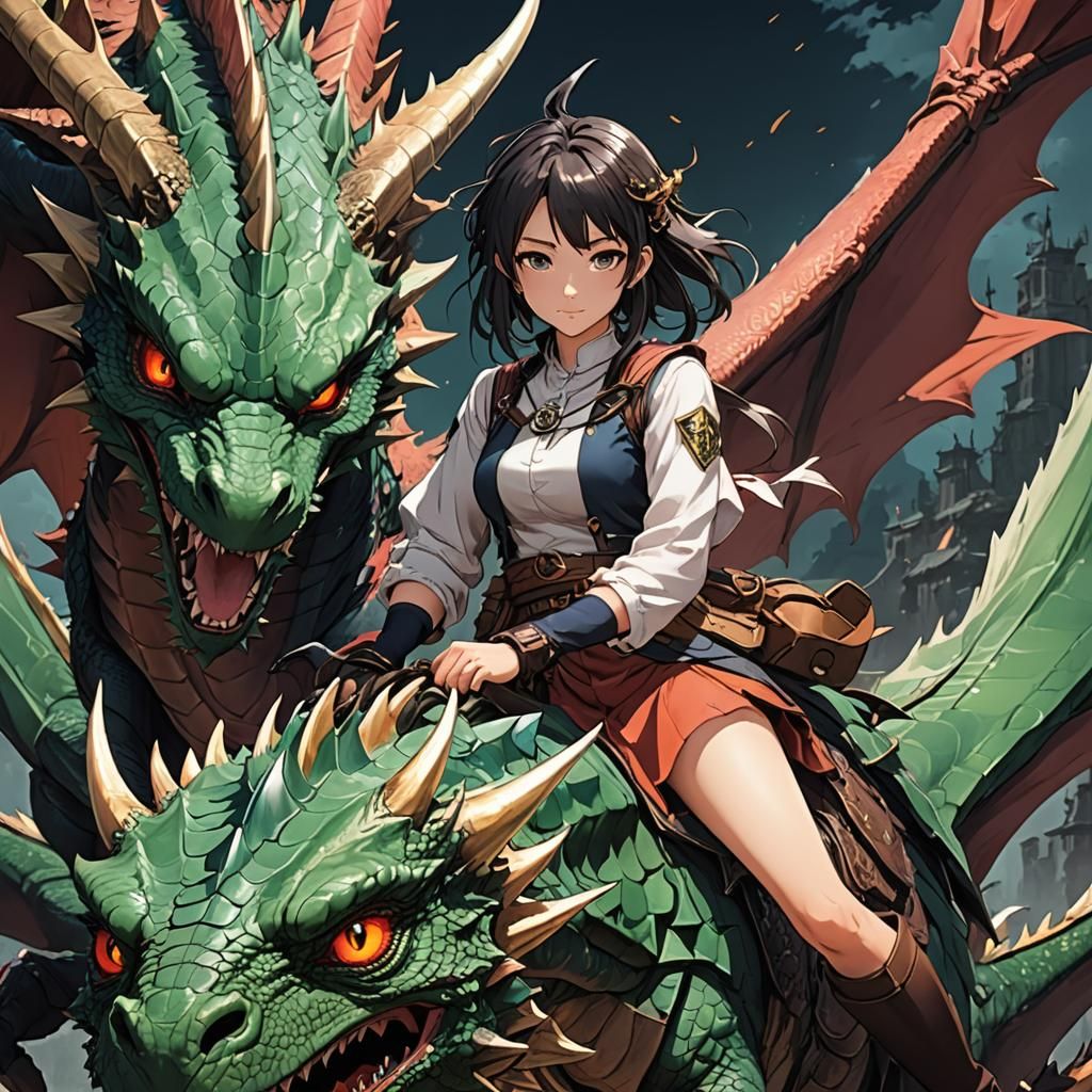 Anime Girl Riding Dragon Cel-Shaded Art
