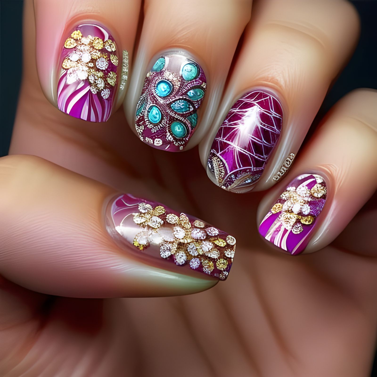 Detailed Hand with Floral Nail Art