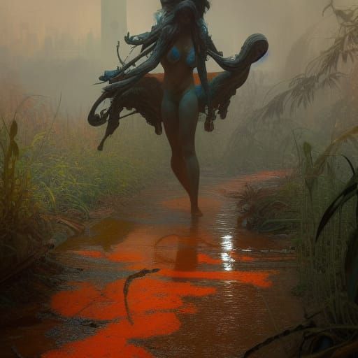 Figure Emerges from Mud: Dynamic Lighting Concept Art