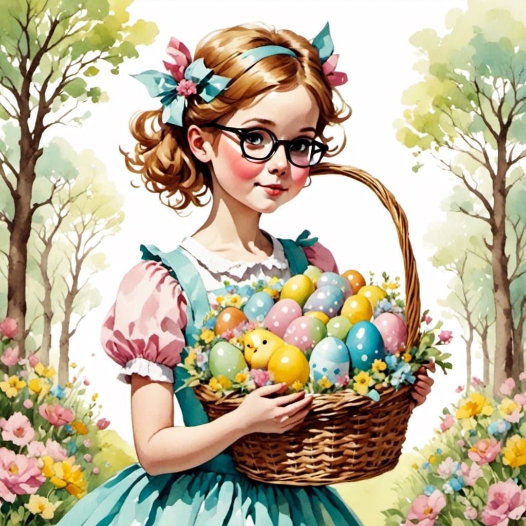 Girl with Easter Basket in Storybook Style