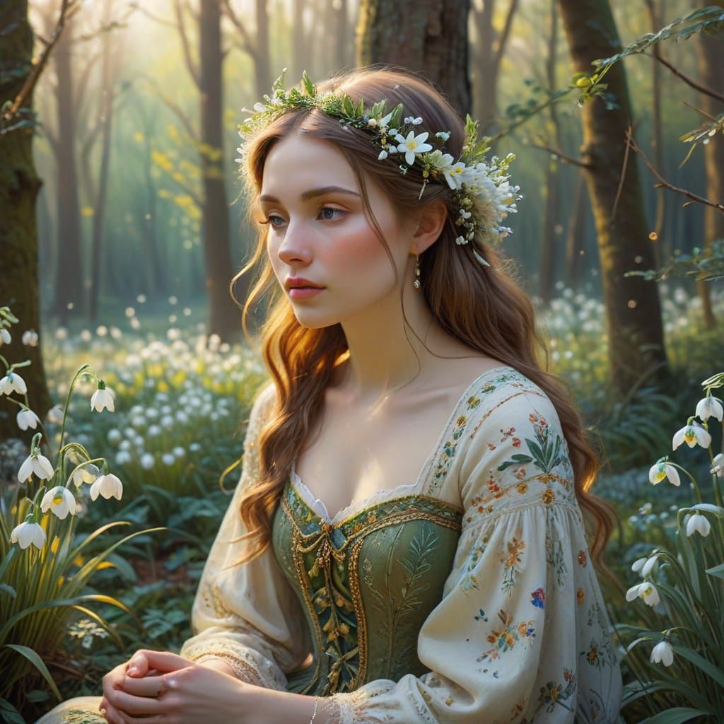 Whimsical Folk Art Portrait of a Snowdrop Girl
