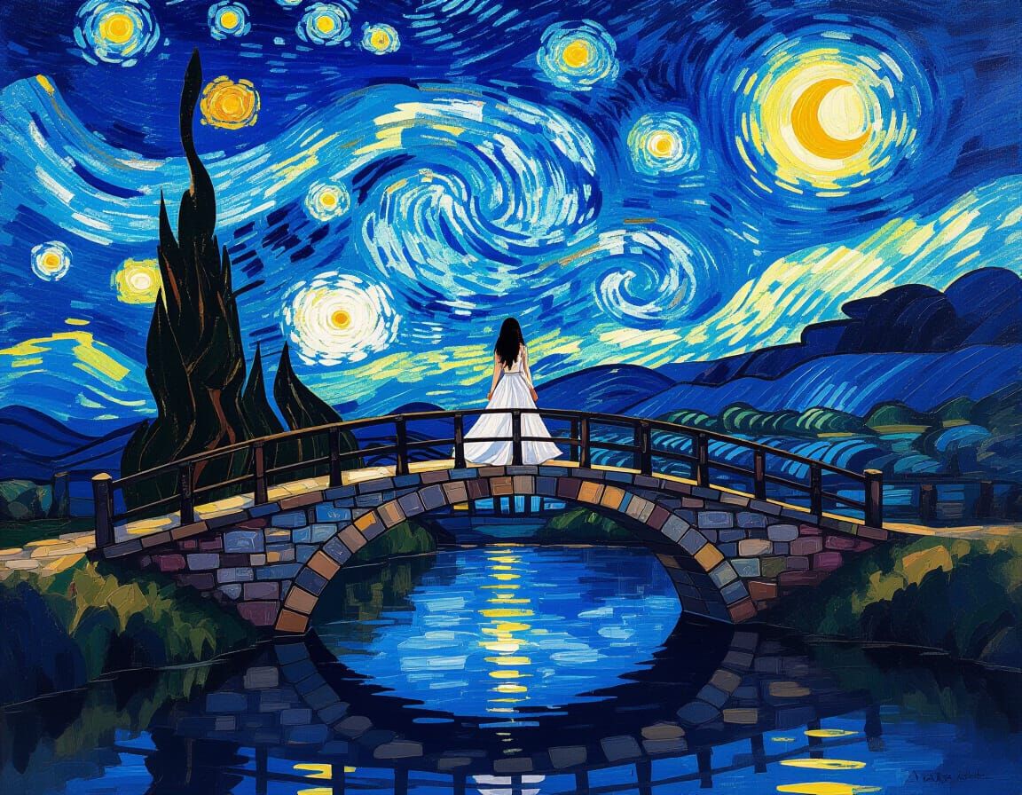 Starry Night Woman on Bridge as Impasto Painting