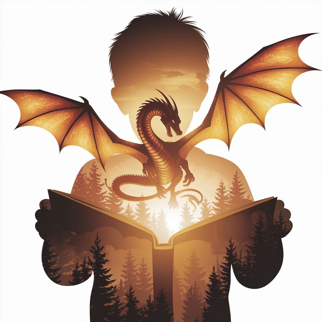Double Exposure Art of a Child Reading a Magical Dragon Scen...