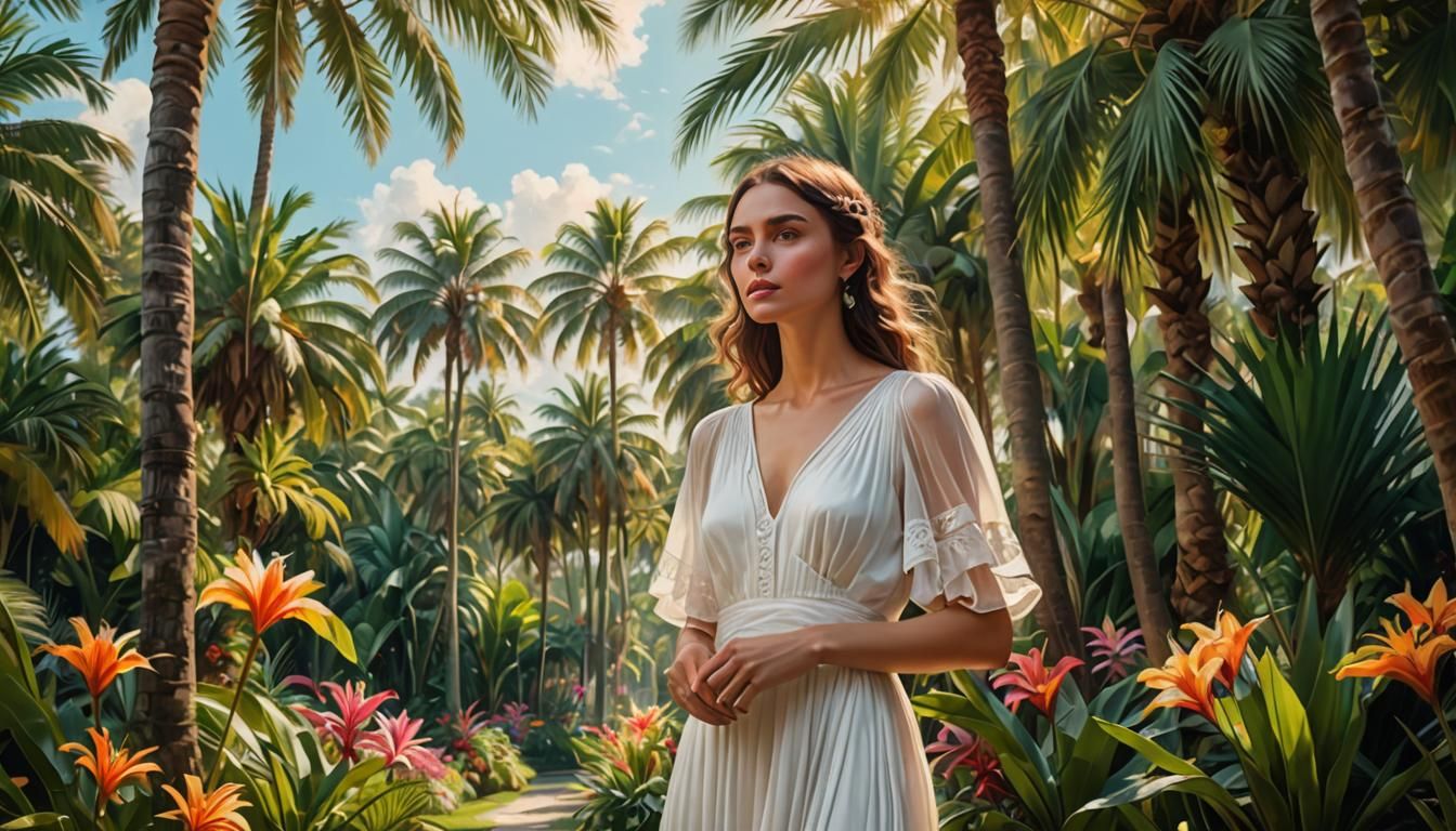Surreal Woman in a Lush Tropical Garden