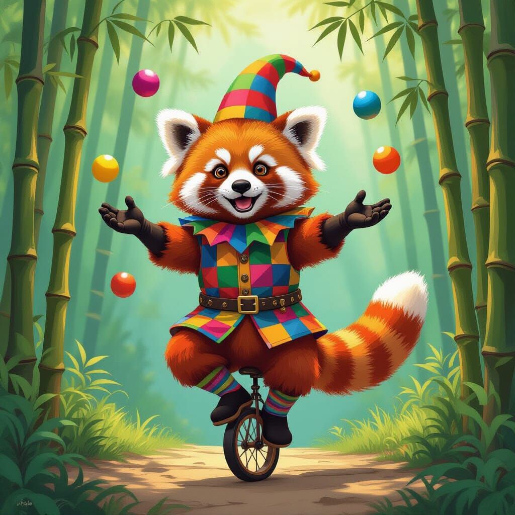 Red Panda Juggler on Unicycle in Bamboo Jungle