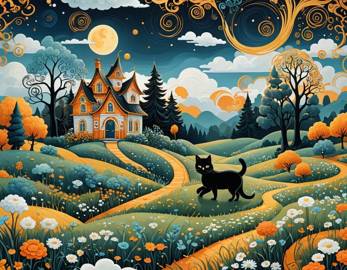 Golden Night Landscape with Fairy-Tale House in Art Nouveau ...