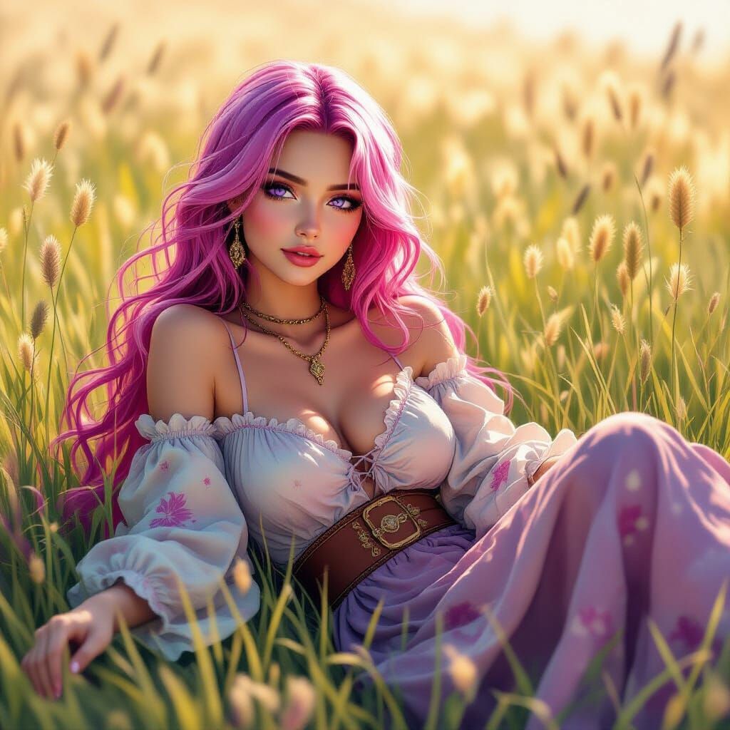 Hippie Woman in Field, Watercolor Style