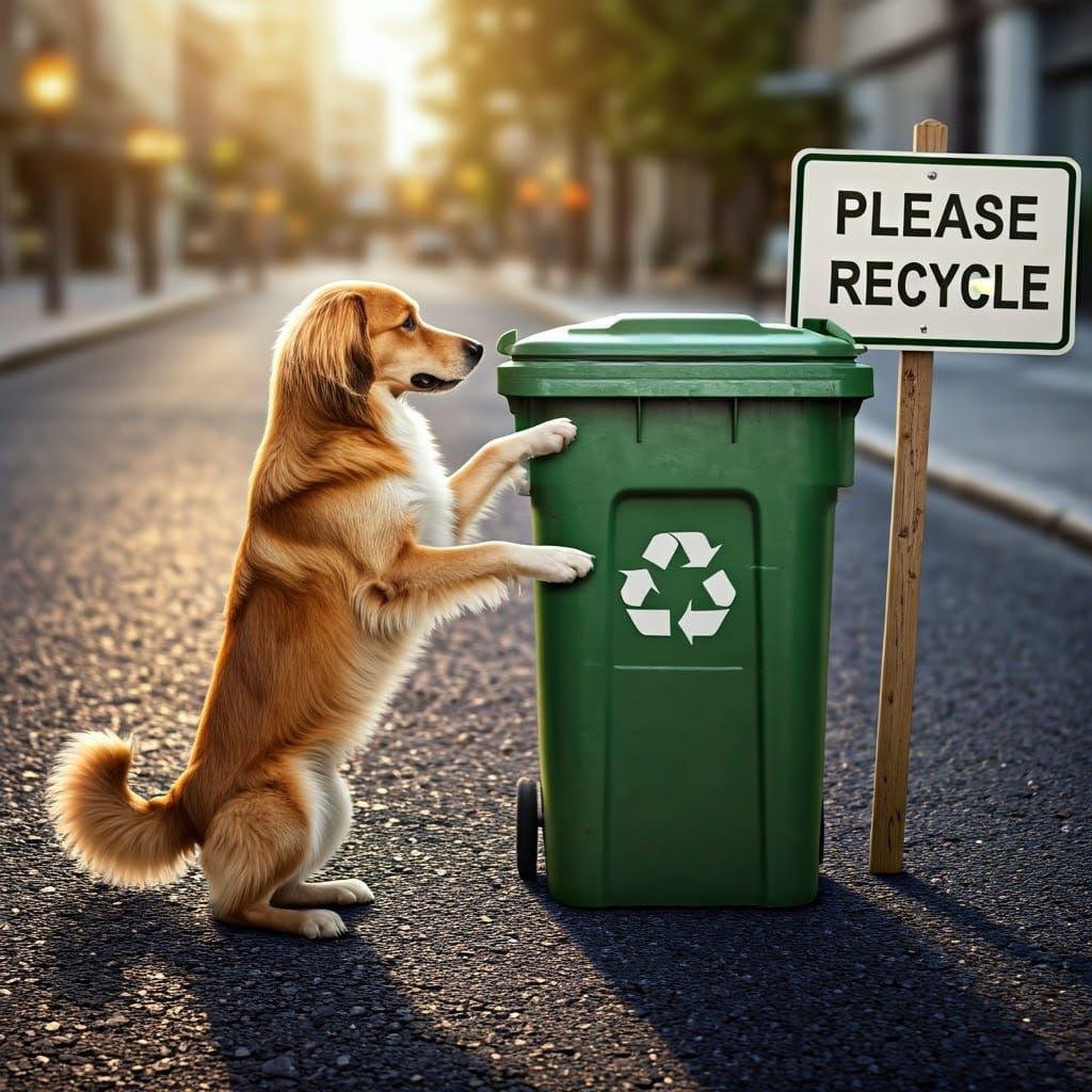 Realistic Dog Stands Beside Recycling Bin
