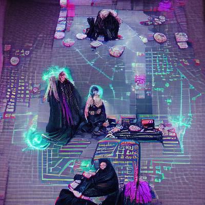 Cyberpunk Coven Ritual in Neon Cityscape