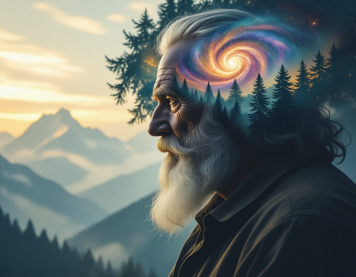 Wise Old Man with Galaxy Eye and Starry Forest