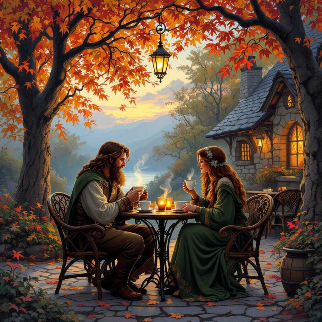 Celtic Druid Couple in Autumn Cafe, Art Nouveau Style