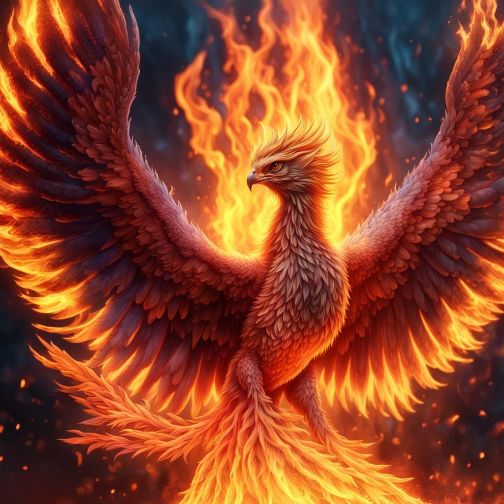 Phoenix Rising from Ashes in Photorealistic Detail