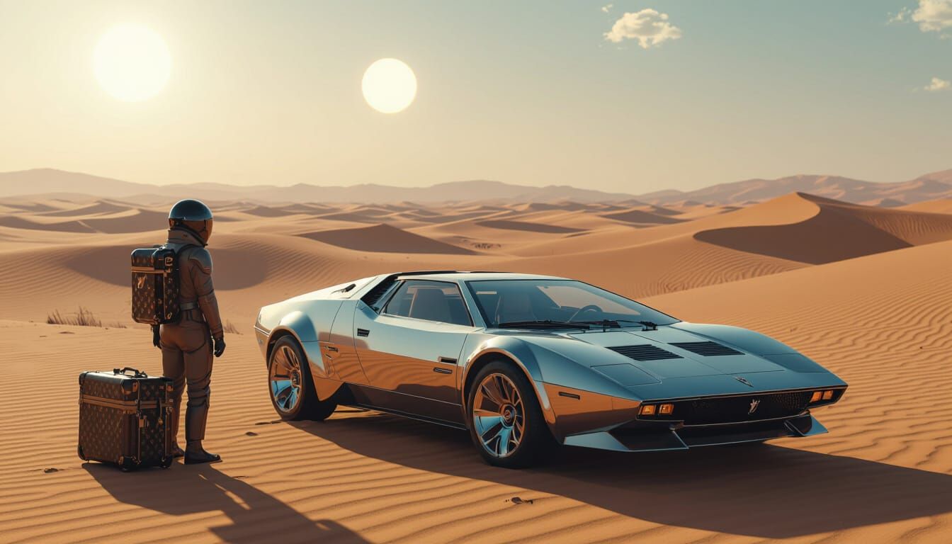 Futuristic Car in Desert Landscape, Hyperrealistic Style