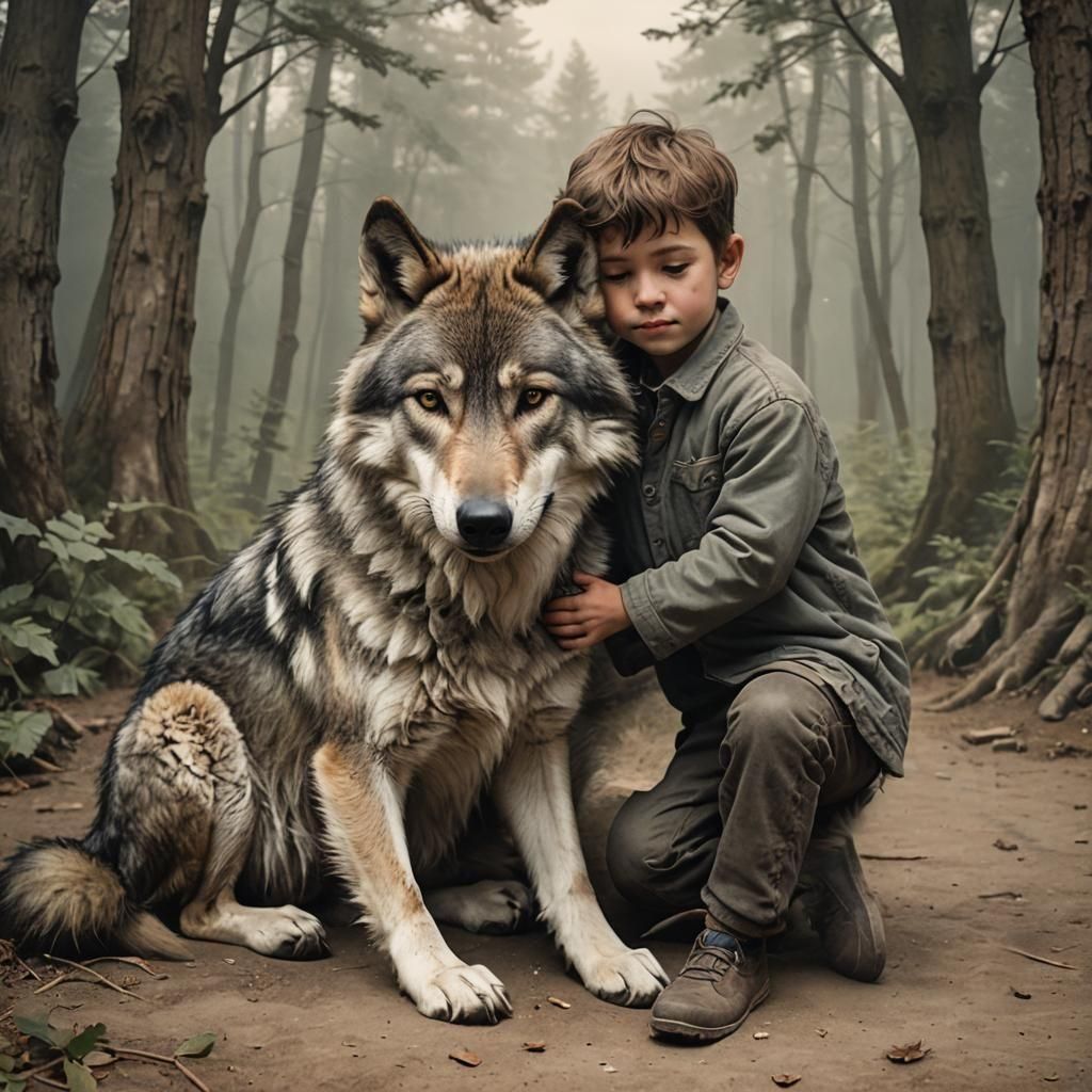 Boy Cuddling with a Gentle Wolf