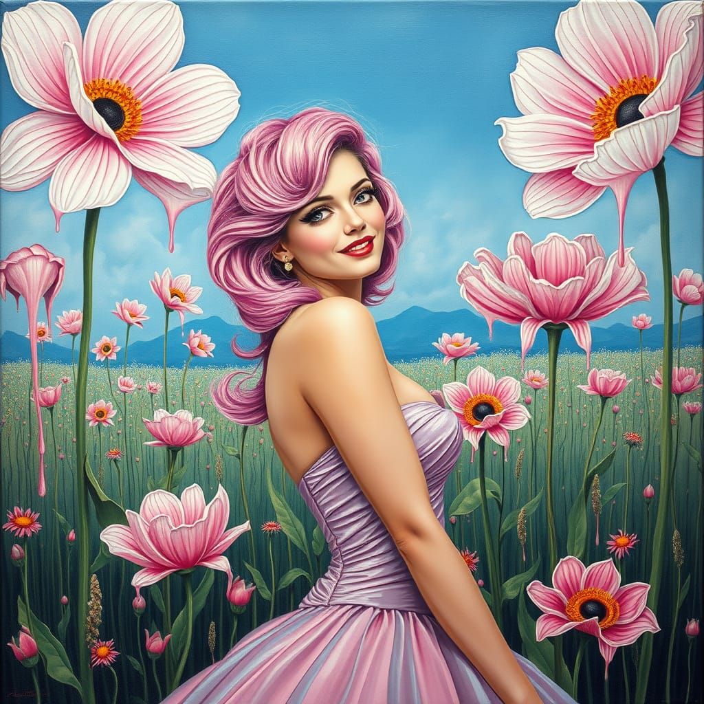 Surreal Pink Haired Woman Among Melting Flowers
