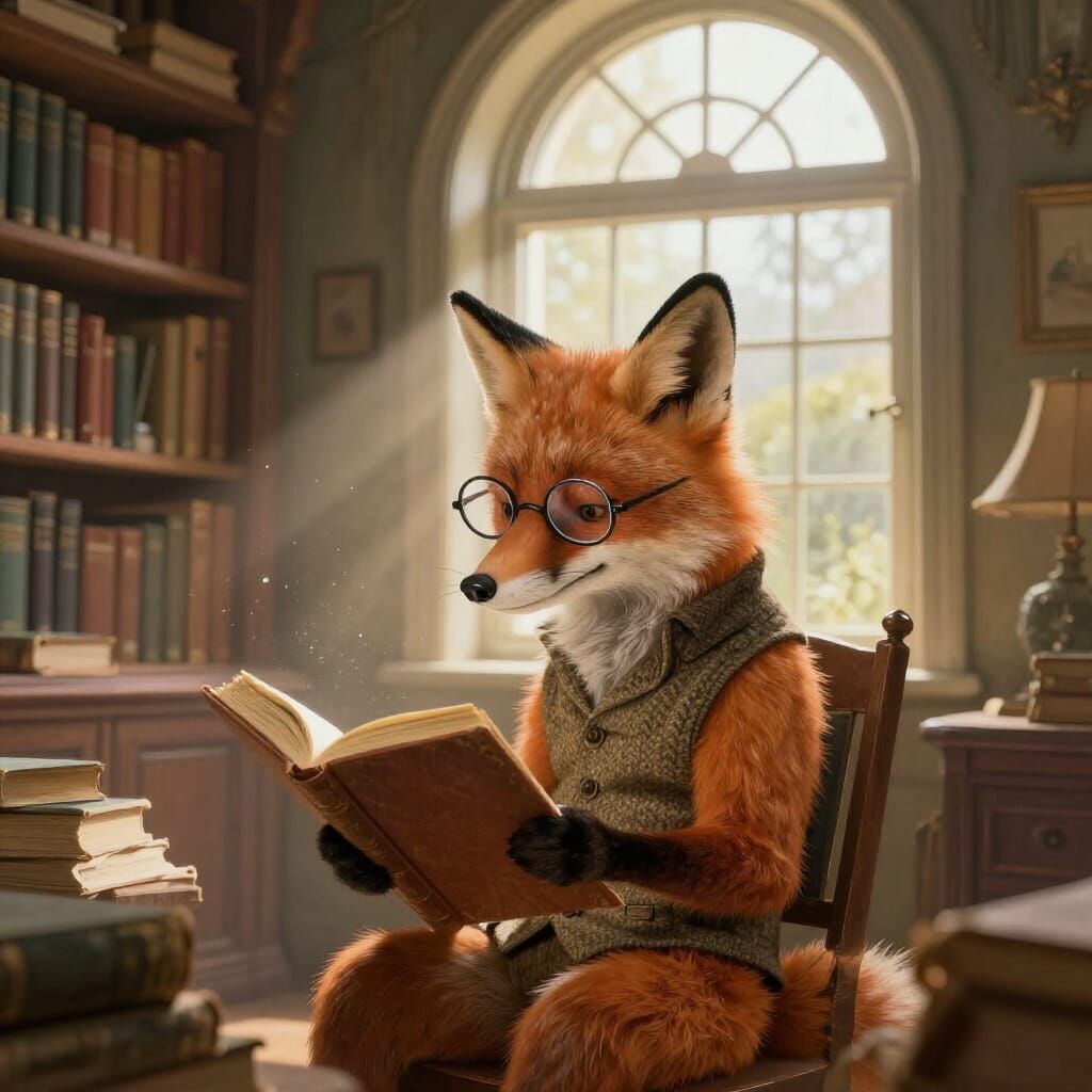 Anthropomorphic Fox Reads in Cozy, Sunlit Library