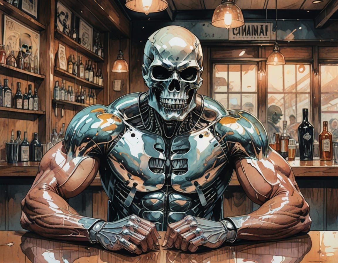 Vivid Retro-Futuristic Portrait of a Bar Patron