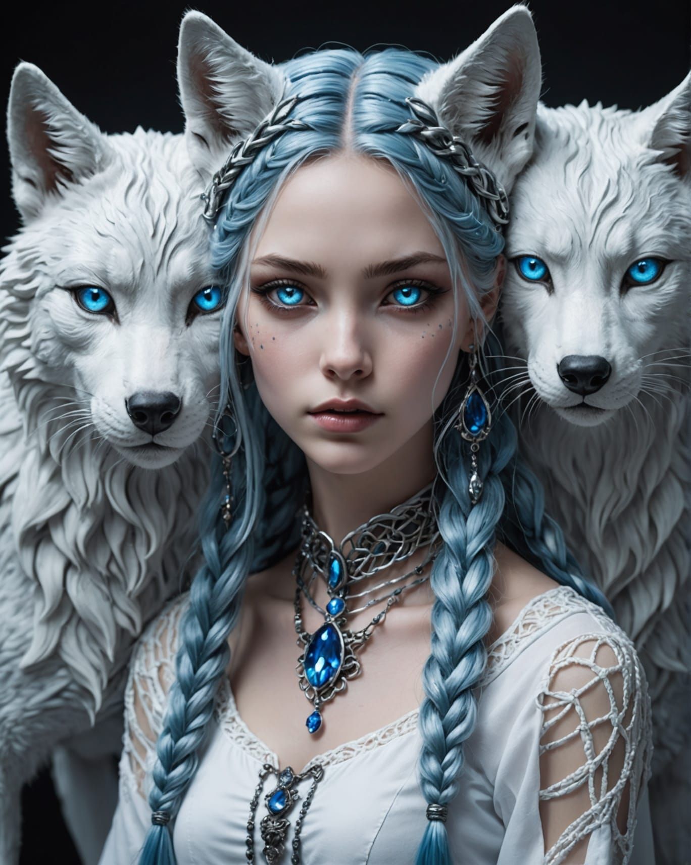 Realistic Wolf-Cat Girl Portrait in Dreamlike Setting