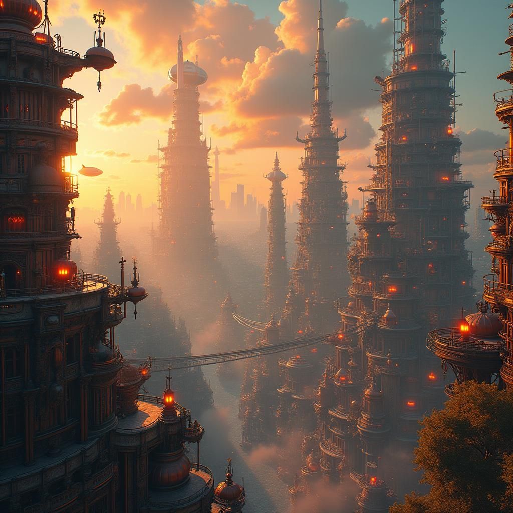 Steampunk Miami Skyline with Airships in Matte Painting